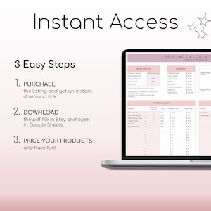 May include: A laptop screen displaying a pink and white pricing calculator spreadsheet with the title "Pricing Calculator - Single Product". The spreadsheet includes sections for basic inputs, material costs, labour costs, and a cost breakdown. The cost breakdown is represented by a pie chart.