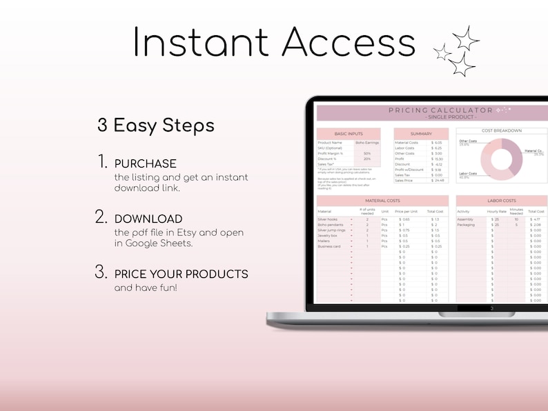 May include: A laptop screen displaying a pink and white pricing calculator spreadsheet with the title "Pricing Calculator - Single Product". The spreadsheet includes sections for basic inputs, material costs, labour costs, and a cost breakdown. The cost breakdown is represented by a pie chart.