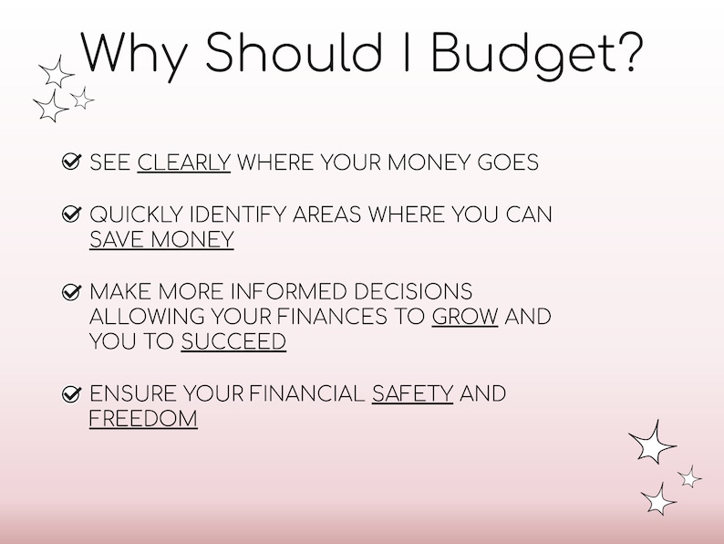 May include: A pink and white background with black text outlining the reasons why you should budget. The text includes: "See clearly where your money goes", "Quickly identify areas where you can save money", "Make more informed decisions allowing your finances to grow and you to succeed", and "Ensure your financial safety and freedom".