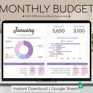 May include: A laptop screen displaying a monthly budget spreadsheet for January. The spreadsheet includes a pie chart showing planned expenses, a bar chart showing planned vs. actual spending, and a table showing income and savings. The total income is £5,650 and the total left to spend is £3,100.