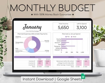 Monthly Budget Spreadsheet | Bright Lilacs Palette | Simple Annual Budget | Personal Finances Excel | Easy Google Sheets | Financial Planner