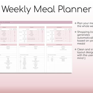 Tygodniowy plan posiłków i lista zakupów Szablon cyfrowy Arkuszy Google Automatyczna lista zakupów Przygotowanie jedzenia Cyfrowy planer posiłków do wydrukowania zdjęcie 4