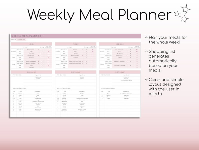 Wekelijkse maaltijdplanner en boodschappenlijst Digitale sjabloon voor Google Spreadsheets Geautomatiseerde boodschappenlijst Voedselbereiding Afdrukbare digitale maaltijdplanner afbeelding 4