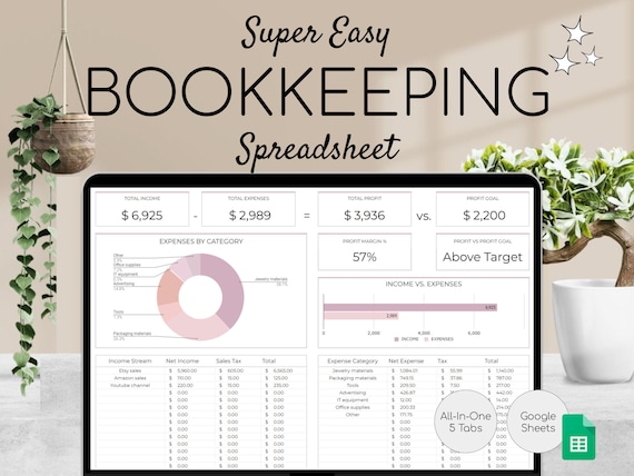 Easy Bookkeeping Template | Small Business Finance Spreadsheet | Income and Expense Tracker | Profit and Loss | Accounting Google Sheets