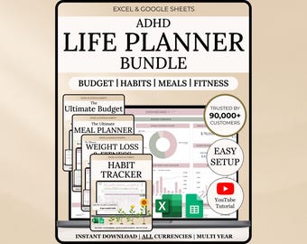 ADHD Life Planner Spreadsheet Budget Tracker Habit Tracker Excel Meal Planner Fitness Planner Life Organizer Productivity Digital Organizer