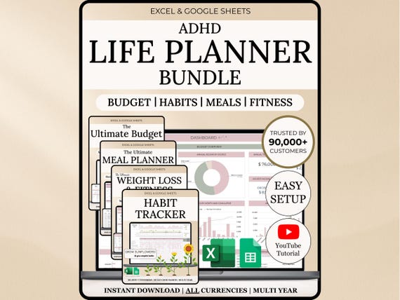 ADHD Life Planner Spreadsheet Budget Tracker Habit Tracker Excel Meal Planner Fitness Planner Life Organizer Productivity Digital Organizer
