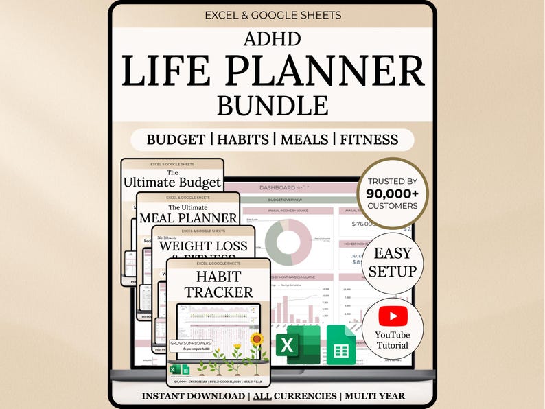 May include: Digital ADHD Life Planner Bundle for Excel and Google Sheets. Includes budget, habits, meals, and fitness trackers. Features "The Ultimate Budget," "The Ultimate Meal Planner," "Weight Loss & Fitness," and "Habit Tracker." Includes a YouTube tutorial and easy setup.