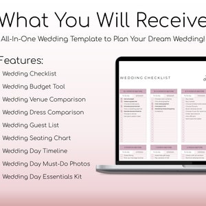 May include: A pink and white wedding checklist template displayed on a laptop screen. The checklist is divided into sections for 12 months before the wedding, 6 months before, 4 months before, 2 months before, 1 month before, 2 weeks before, and 1 week before the wedding. The checklist includes tasks such as choosing a venue, booking a photographer, sending save the dates, and ordering invitations.
