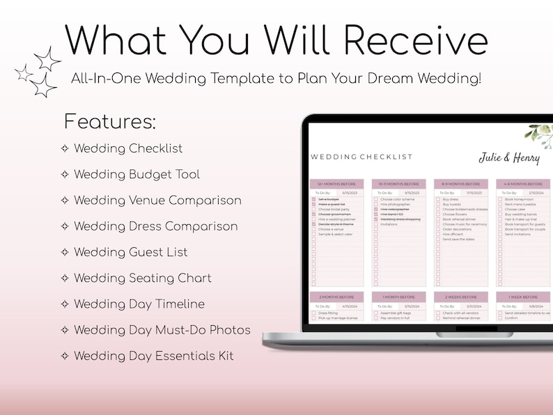 May include: A pink and white wedding checklist template displayed on a laptop screen. The checklist is divided into sections for 12 months before the wedding, 6 months before, 4 months before, 2 months before, 1 month before, 2 weeks before, and 1 week before the wedding. The checklist includes tasks such as choosing a venue, booking a photographer, sending save the dates, and ordering invitations.