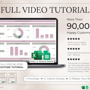 May include: A laptop screen showing a dashboard with charts and graphs, labelled "Dashboard." The image includes the text "Full Video Tutorial" and "Excel & Google Sheets." The screen shows data visualizations and the text "More Than 90,000 Happy Customers!"