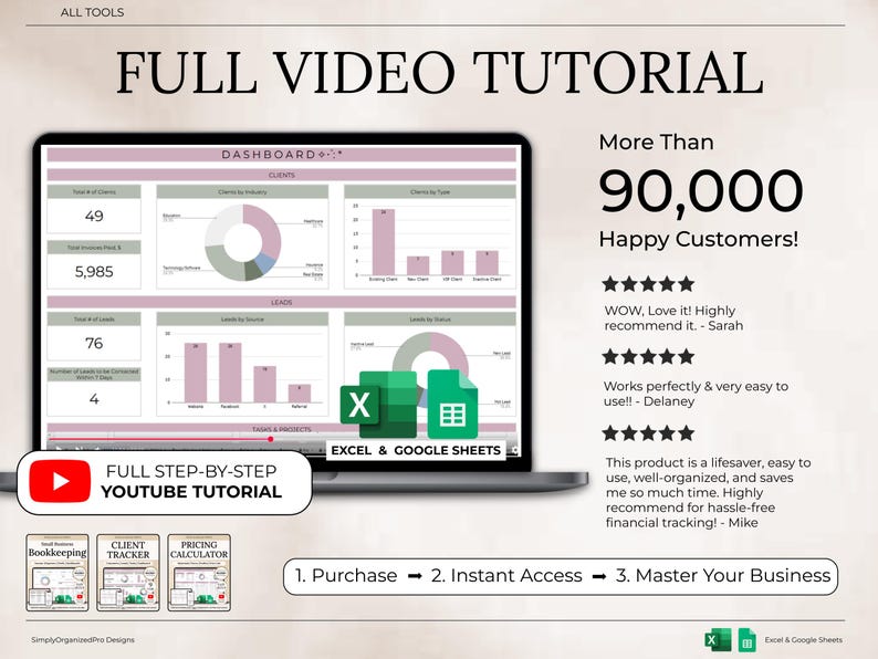 May include: A laptop screen showing a dashboard with charts and graphs, labelled "Dashboard." The image includes the text "Full Video Tutorial" and "Excel & Google Sheets." The screen shows data visualizations and the text "More Than 90,000 Happy Customers!"