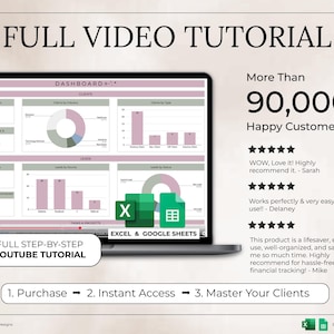May include: A laptop screen displays a dashboard with charts and graphs, promoting a full video tutorial. The image includes the text "More Than 90,000 Happy Customers!" and icons for Excel and Google Sheets.