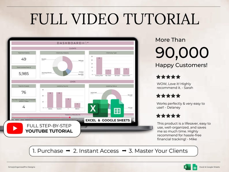 May include: A laptop screen displays a dashboard with charts and graphs, promoting a full video tutorial. The image includes the text "More Than 90,000 Happy Customers!" and icons for Excel and Google Sheets.