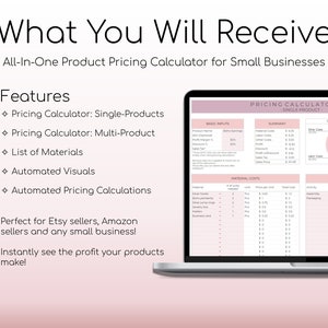 May include: A pink and white laptop screen displaying a product pricing calculator for small businesses. The calculator includes sections for basic inputs, material costs, labour costs, and a summary of the pricing. The calculator also includes a cost breakdown pie chart.