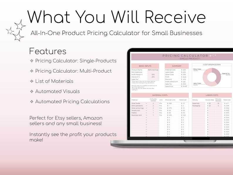 May include: A pink and white laptop screen displaying a product pricing calculator for small businesses. The calculator includes sections for basic inputs, material costs, labour costs, and a summary of the pricing. The calculator also includes a cost breakdown pie chart.