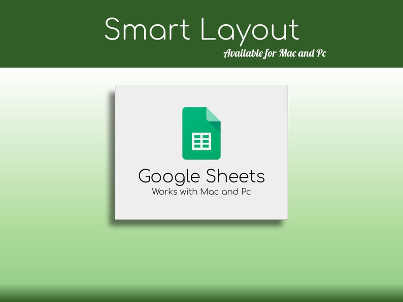 Puede incluir: Un cuadrado blanco con un logotipo de Google Sheets verde y el texto "Google Sheets" en negro. Debajo del logotipo, el texto "Works with Mac and Pc" en negro.