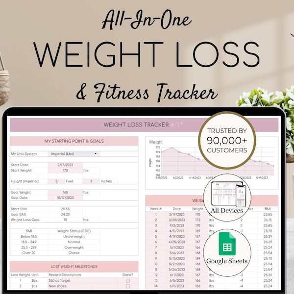Weight Loss & Fitness Tracker | Google Sheets | Calorie Tracker | Meal Planner | Habit Tracker | Digital Workout Planner