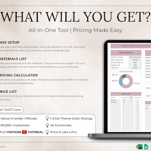 May include: A laptop screen displays a pricing calculator with input fields and a summary table. The text "WHAT WILL YOU GET?" and "All-In-One Tool | Pricing Made Easy" are at the top. Features include easy setup, materials list, and a price list.