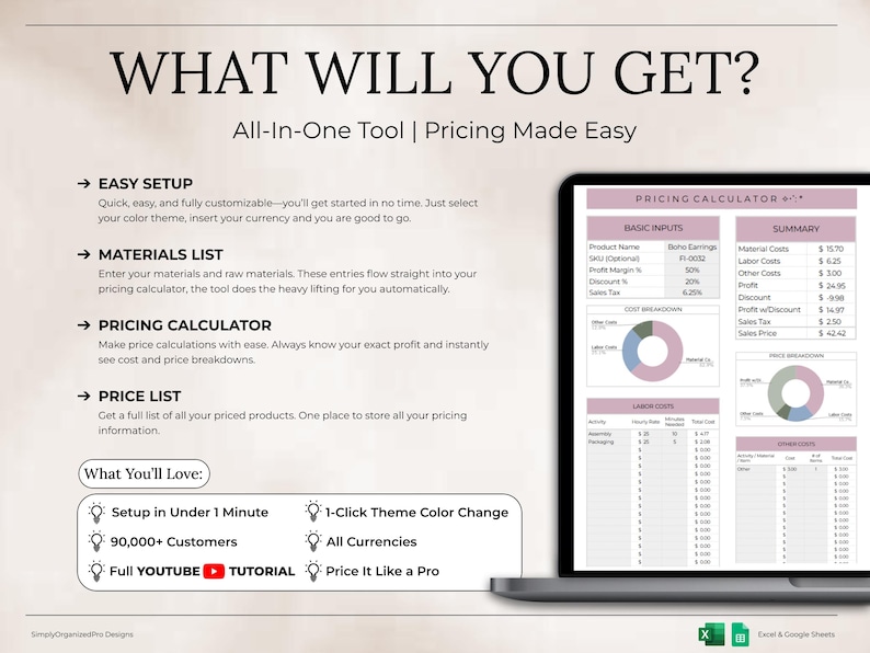 May include: A laptop screen displays a pricing calculator with input fields and a summary table. The text "WHAT WILL YOU GET?" and "All-In-One Tool | Pricing Made Easy" are at the top. Features include easy setup, materials list, and a price list.