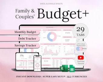 Hoja de cálculo de Excel para presupuesto anual familiar / Plantilla de presupuesto de Google Sheets / Presupuesto mensual para parejas / Seguimiento de deudas / Ahorros / Planificador financiero
