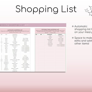Tygodniowy plan posiłków i lista zakupów Szablon cyfrowy Arkuszy Google Automatyczna lista zakupów Przygotowanie jedzenia Cyfrowy planer posiłków do wydrukowania zdjęcie 5