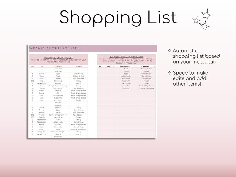 Weekly Meal Planner and Grocery List Google Sheets Digital Template Automated Shopping List Food Prep Printable Digital Meal Planner image 5
