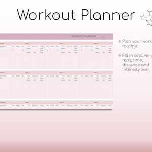 May include: A pink and white workout planner with the title "Workout Planner" at the top. The planner is divided into three sections: Monday, Tuesday, and Wednesday. Each section has columns for exercise description, sets, weight, reps, time, distance, and level. The planner also includes instructions to "Plan your workout routine" and "Fill in sets, weight, reps, time, distance and intensity level."