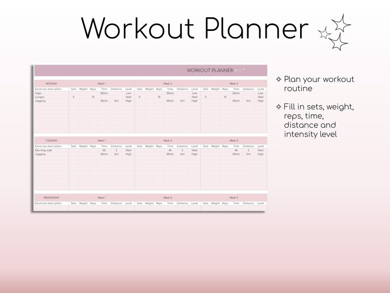 May include: A pink and white workout planner with the title "Workout Planner" at the top. The planner is divided into three sections: Monday, Tuesday, and Wednesday. Each section has columns for exercise description, sets, weight, reps, time, distance, and level. The planner also includes instructions to "Plan your workout routine" and "Fill in sets, weight, reps, time, distance and intensity level."