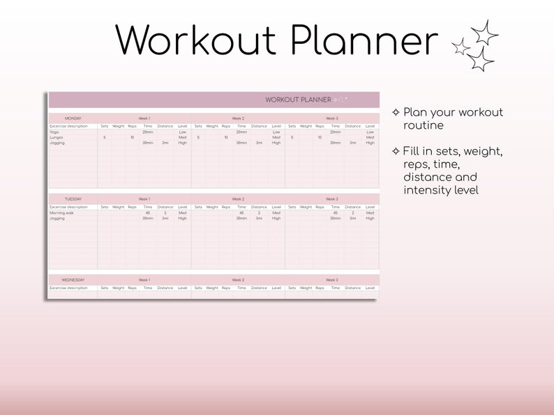 Perte de poids et suivi de la condition physique Feuilles de calcul Google Suivi des calories Planificateur de repas Suivi des habitudes Agenda d'entraînement numérique image 5