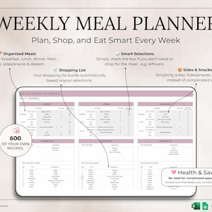 May include: A digital weekly meal planner with a clean, organized layout. The planner includes sections for organized meals, shopping lists, and smart selections. The text reads "Plan, Shop, and Eat Smart Every Week."