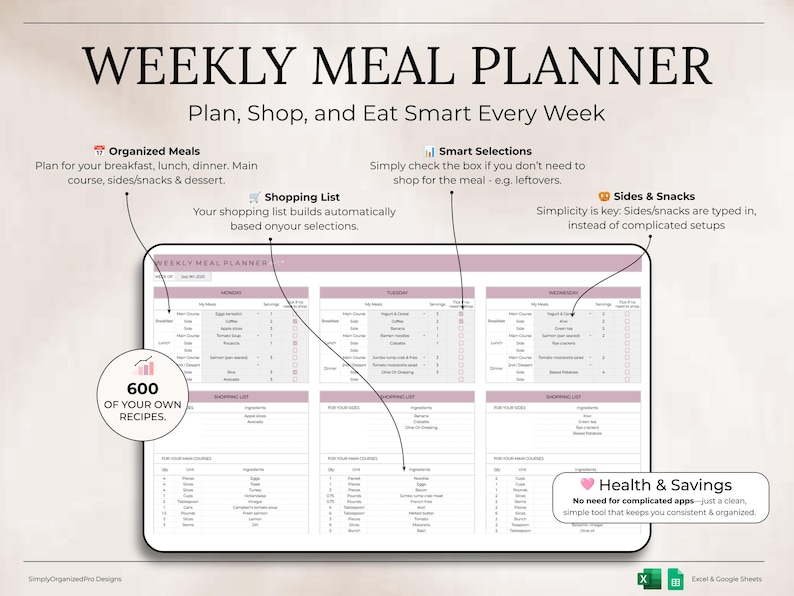 May include: A digital weekly meal planner with a clean, organized layout. The planner includes sections for organized meals, shopping lists, and smart selections. The text reads "Plan, Shop, and Eat Smart Every Week."