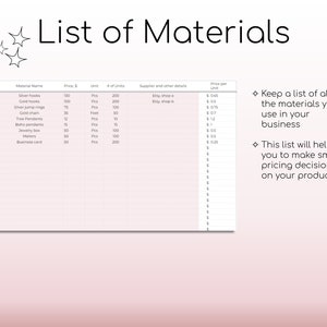 May include: A printable list of materials for crafting jewellery, with columns for material name, price, unit, quantity, supplier, and price per unit. The list includes items like silver hooks, gold chain, and jewellery boxes.