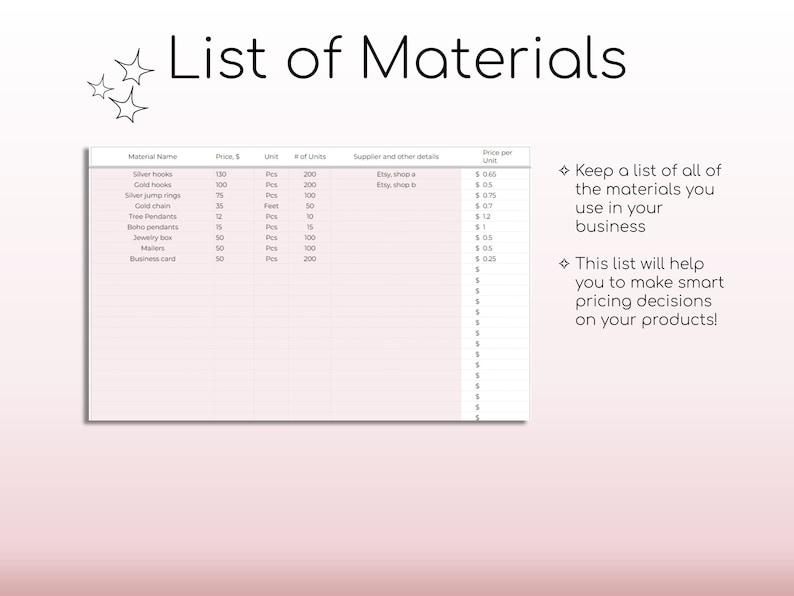 May include: A printable list of materials for crafting jewellery, with columns for material name, price, unit, quantity, supplier, and price per unit. The list includes items like silver hooks, gold chain, and jewellery boxes.