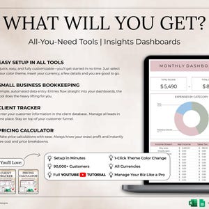 May include: A laptop screen shows a digital dashboard with financial data, including income, expenses, and a pie chart. The text "WHAT WILL YOU GET?" and bullet points describe features like easy setup, bookkeeping, and a pricing calculator.