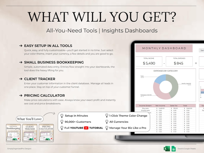 May include: A laptop screen shows a digital dashboard with financial data, including income, expenses, and a pie chart. The text "WHAT WILL YOU GET?" and bullet points describe features like easy setup, bookkeeping, and a pricing calculator.