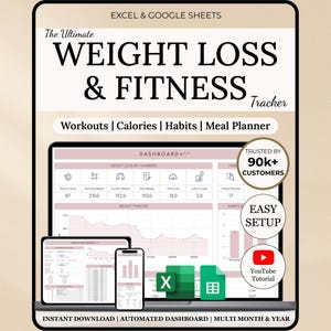 Op de afbeelding: Digitaal gewichtsverlies- en fitnesstracker weergegeven op een laptop, tablet en telefoon. Het roze en witte dashboard bevat secties voor trainingen, calorieën, gewoonten en maaltijdplanning. De tekst bevat "Weight Loss & Fitness Tracker".