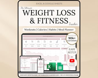 Weight Loss & Fitness Tracker | Google Sheets | Calorie Tracker | Meal Planner | Habit Tracker | Digital Workout Planner
