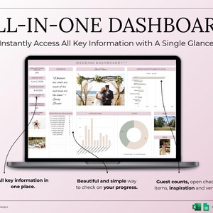 May include: A laptop screen shows a wedding dashboard with the text "ALL-IN-ONE DASHBOARD". The display includes key information, a couple's photo, charts, and the text "Instantly Access All Key Information with A Single Glance".