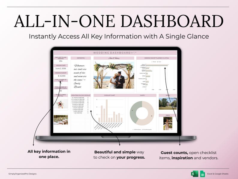 May include: A laptop screen shows a wedding dashboard with the text "ALL-IN-ONE DASHBOARD". The display includes key information, a couple's photo, charts, and the text "Instantly Access All Key Information with A Single Glance".
