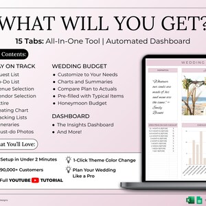 May include: A laptop screen displaying a digital wedding dashboard. The screen shows a wedding planning tool with sections for guest lists, budgets, and checklists. Text on the screen reads "What Will You Get?" and "15 Tabs: All-In-One Tool | Automated Dashboard."