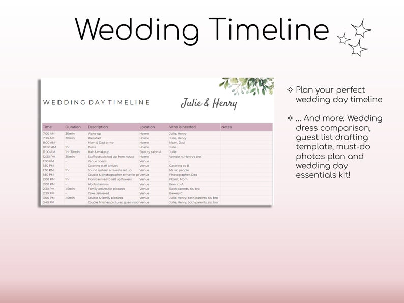 May include: A pink and white wedding timeline checklist with the title "Wedding Timeline" and the names "Julie & Henry". The checklist includes columns for time, duration, description, location, who is needed, and notes. The checklist is designed to help couples plan their wedding day.