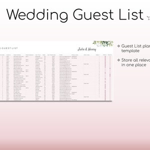 May include: A printable wedding guest list template with a floral design. The template includes columns for guest name, address, phone number, email address, RSVP status, and more. The text "Julie & Henry" is at the top of the template.