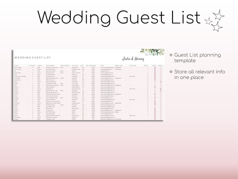 May include: A printable wedding guest list template with a floral design. The template includes columns for guest name, address, phone number, email address, RSVP status, and more. The text "Julie & Henry" is at the top of the template.