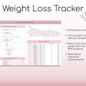 May include: A pink and white printable weight loss tracker with a graph, a log book, and a section for setting goals. The tracker includes a section for lost weight milestones with reward descriptions. The text "Weight Loss Tracker" is at the top of the page.