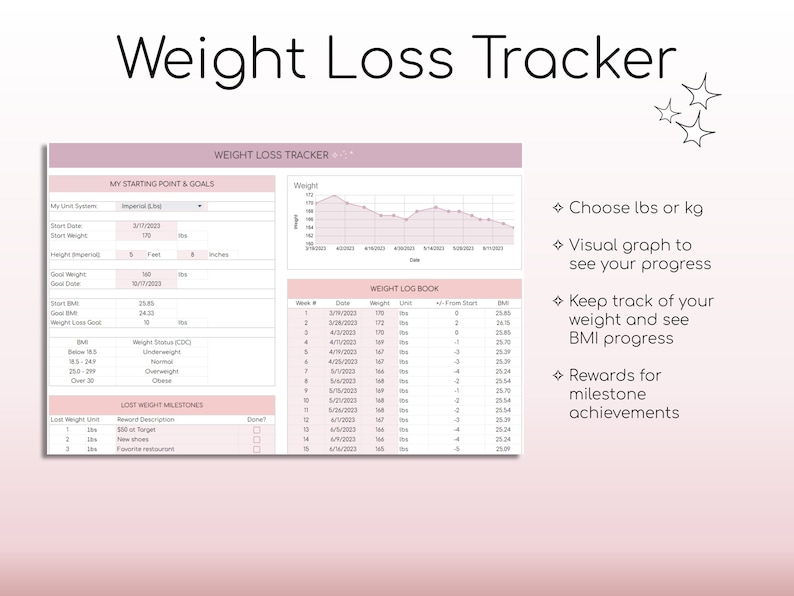 May include: A pink and white printable weight loss tracker with a graph, a log book, and a section for setting goals. The tracker includes a section for lost weight milestones with reward descriptions. The text "Weight Loss Tracker" is at the top of the page.