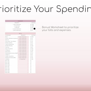 May include: A pink and white worksheet titled "Prioritize Your Spending" with a table listing categories of expenses and their priority levels. The table includes categories such as rent, home/renters insurance, electric, gas heat/hot water, internet, mobile phones, auto insurance, childcare, education, subscriptions (Hulu, Netflix), cable TV, health insurance, medical & dental bills, hobbies, and bills #17 through #25. The worksheet also includes a summary table with a priority level and actual amount for each level.