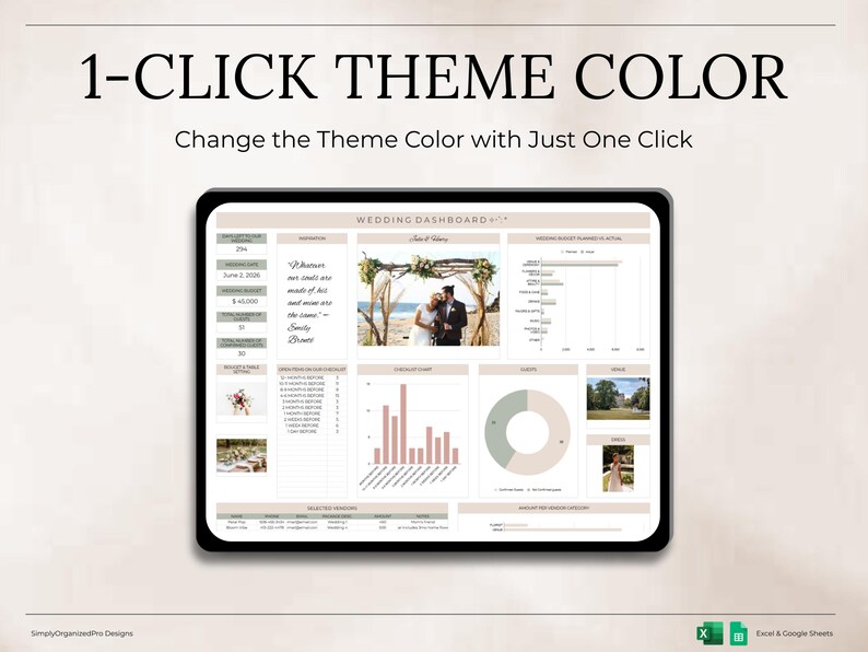 May include: A digital wedding dashboard on a tablet, with a neutral colour scheme. The screen displays charts, graphs, and a photo of a couple. Text at the top reads "1-CLICK THEME COLOR".