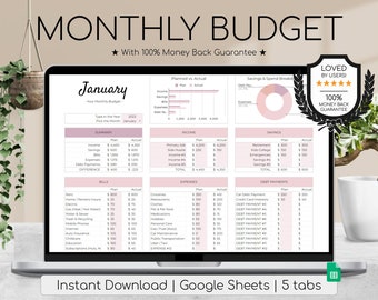 Monthly Budget Spreadsheet | Simple Annual Budget | Personal Finances Excel | Easy Google Sheets | Financial Planner | Customized Categories