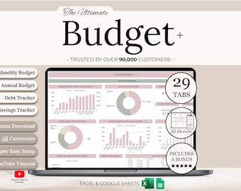 Ultimate Annual Budget Spreadsheet | Excel Google Sheets Budget Template | Monthly Budget Tracker | Debt Tracker | Financial Planner