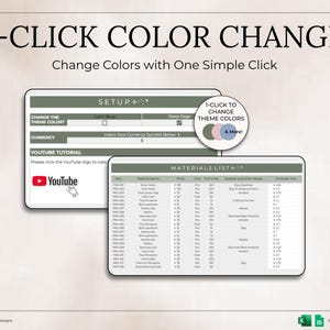 May include: Image shows a computer screen with the text "1-CLICK COLOR CHANGE". The screen displays a setup menu and a materials list. A YouTube logo is visible. The text says "Change Colors with One Simple Click".